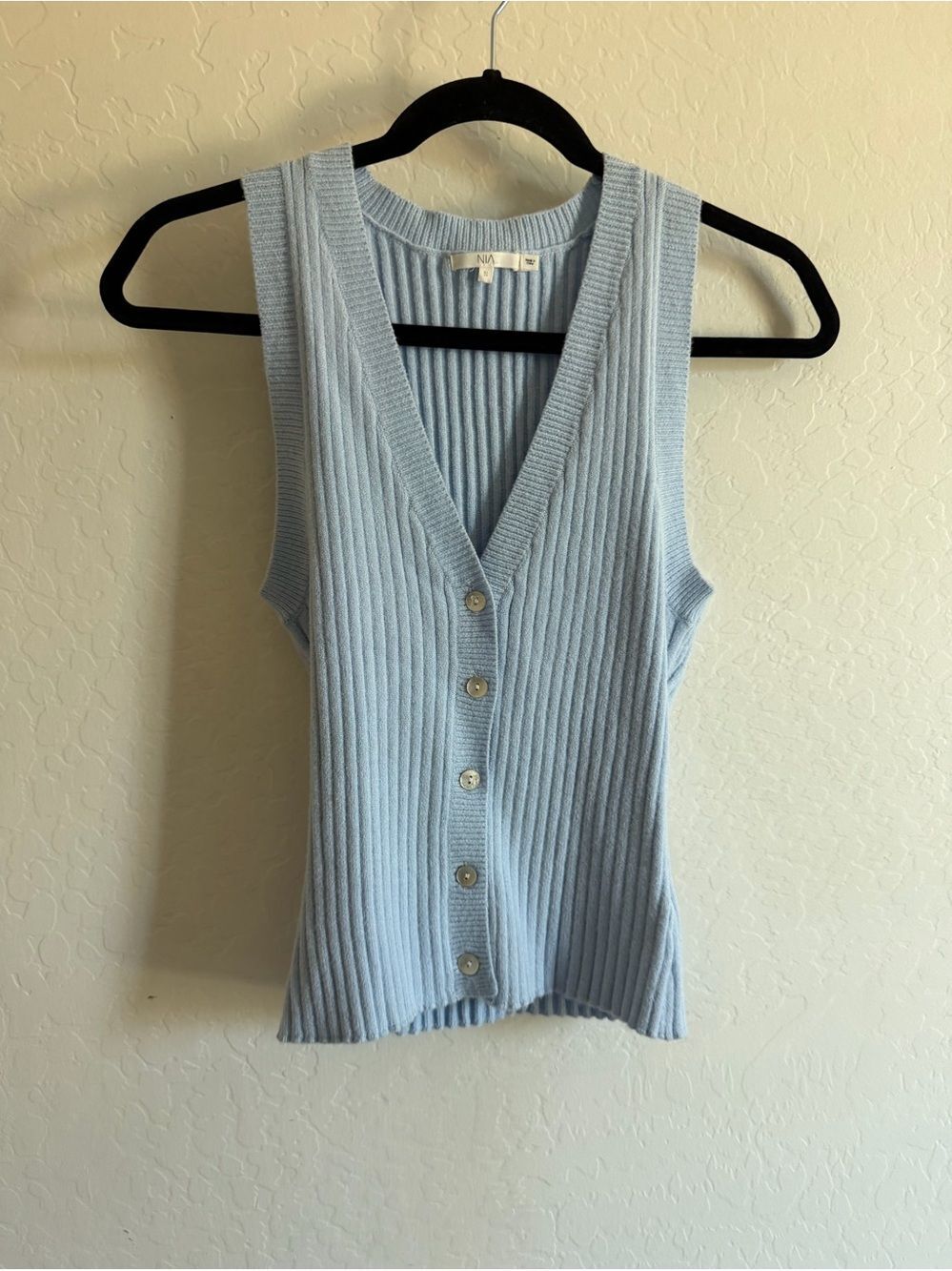 NIA Light Blue Ribbed Knit Button Front Sweater Vest Top Small